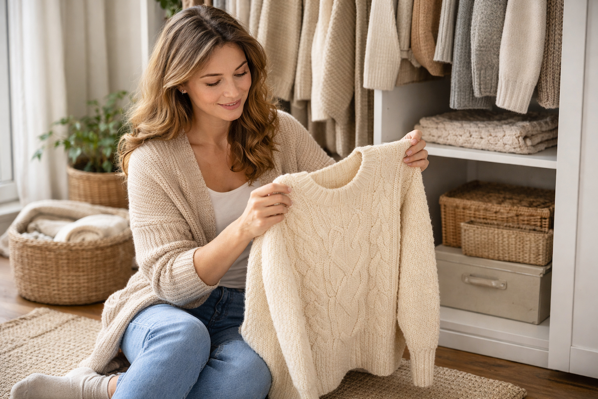 Žena sedi pored otvorenog ormara i pažljivo pregleda vuneni džemper u svetlom, toplom enterijeru
