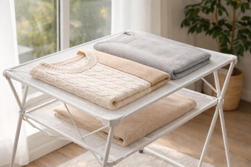 Vuneni džemperi pažljivo složeni na upijajućoj prostirci na samostojećoj sušilici pored prozora